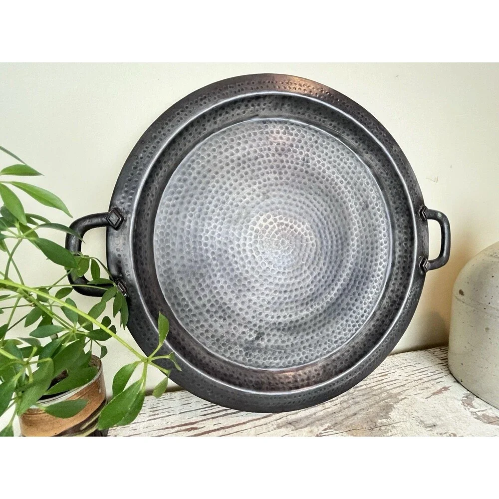 Vintage Large Hand Forged Hammered Steel Serving Tray W/ Handles Centerpiece 21”